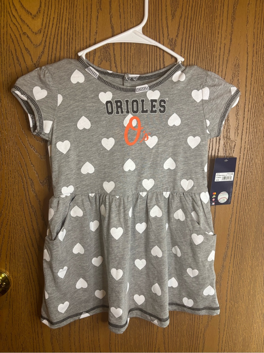 Girls' Gray Heart Print Dress with Orange Logo